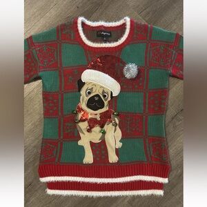 33 Degrees Ugly PUG Christmas Sweater S Red Green Sequin Accent Jingle Bell